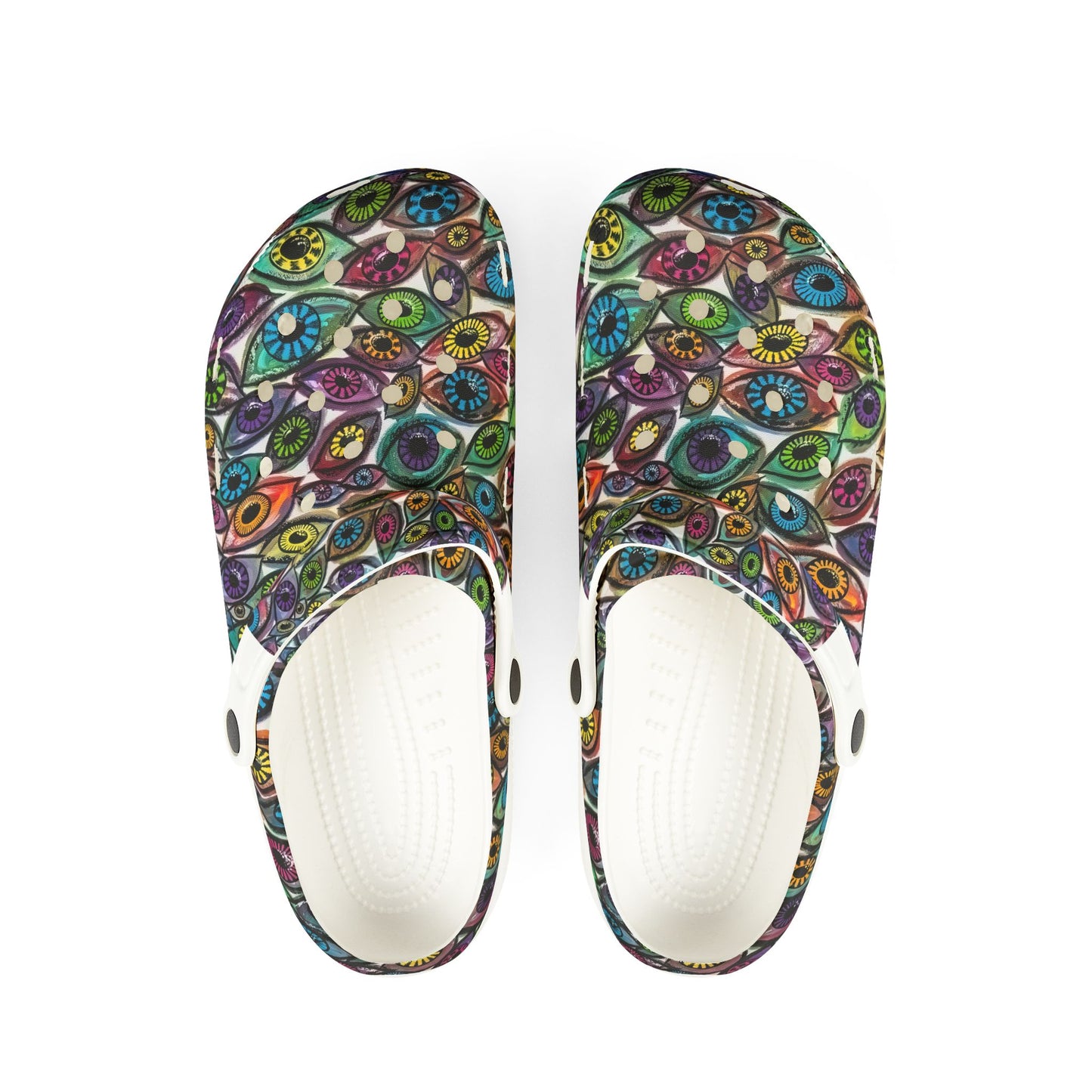 Eye See You Too Colorful AOP EVA Foam Shoes, Vibrant Slip-On Clogs for Garden, Home, Festivals, Casual Wear, Unique Footwear Gift