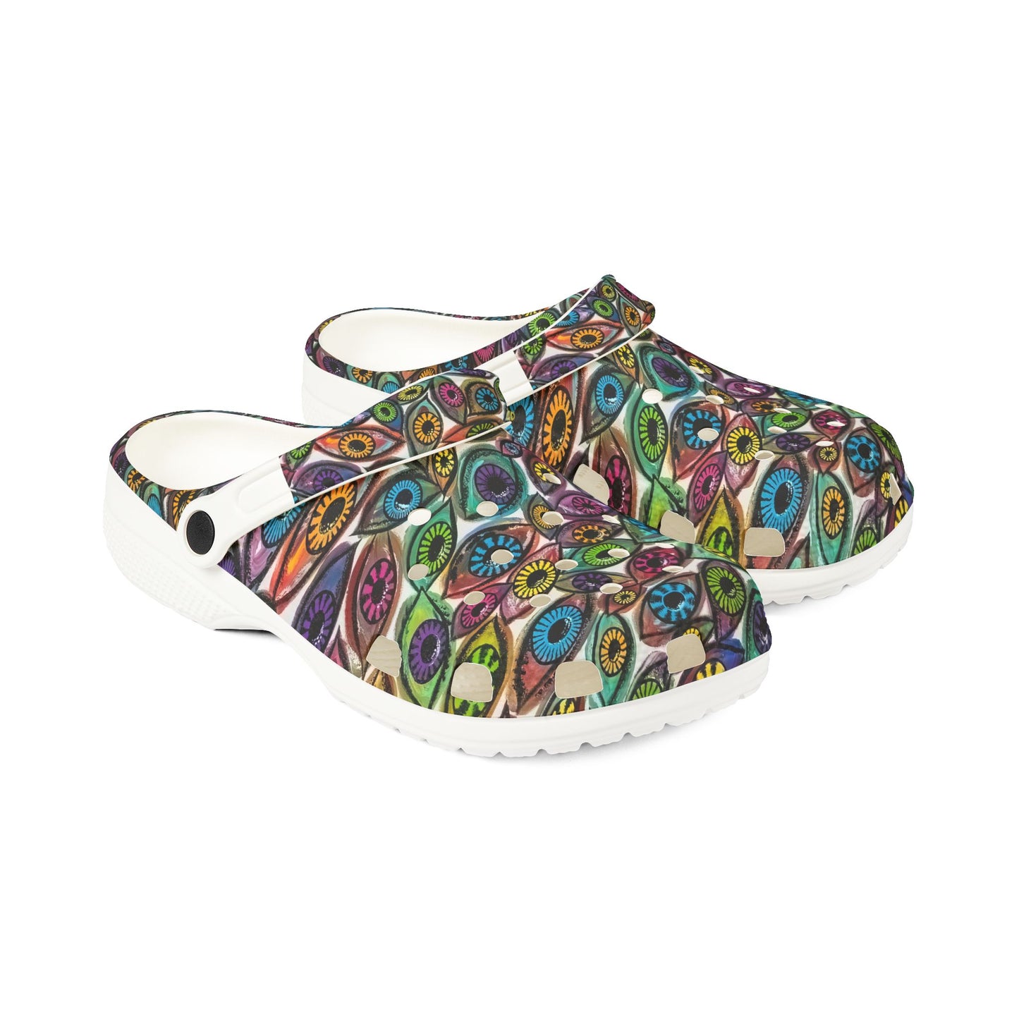 Eye See You Too Colorful AOP EVA Foam Shoes, Vibrant Slip-On Clogs for Garden, Home, Festivals, Casual Wear, Unique Footwear Gift