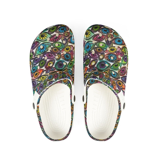 Eye See You Too Colorful AOP EVA Foam Shoes, Vibrant Slip-On Clogs for Garden, Home, Festivals, Casual Wear, Unique Footwear Gift