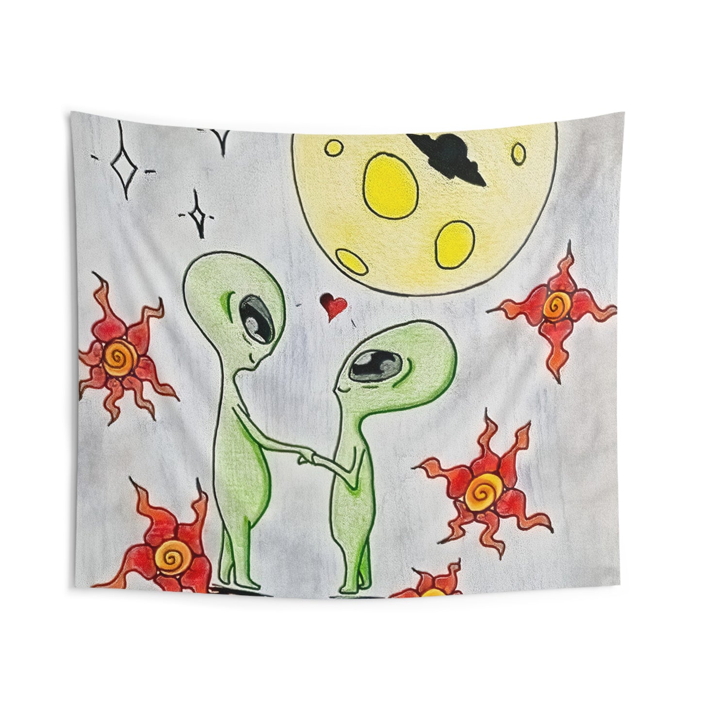 Whimsical Alien Love Indoor Wall Tapestry, Space Decor, Unique Home Wall Art, Bohemian Room Aesthetic, Astrological Decoration